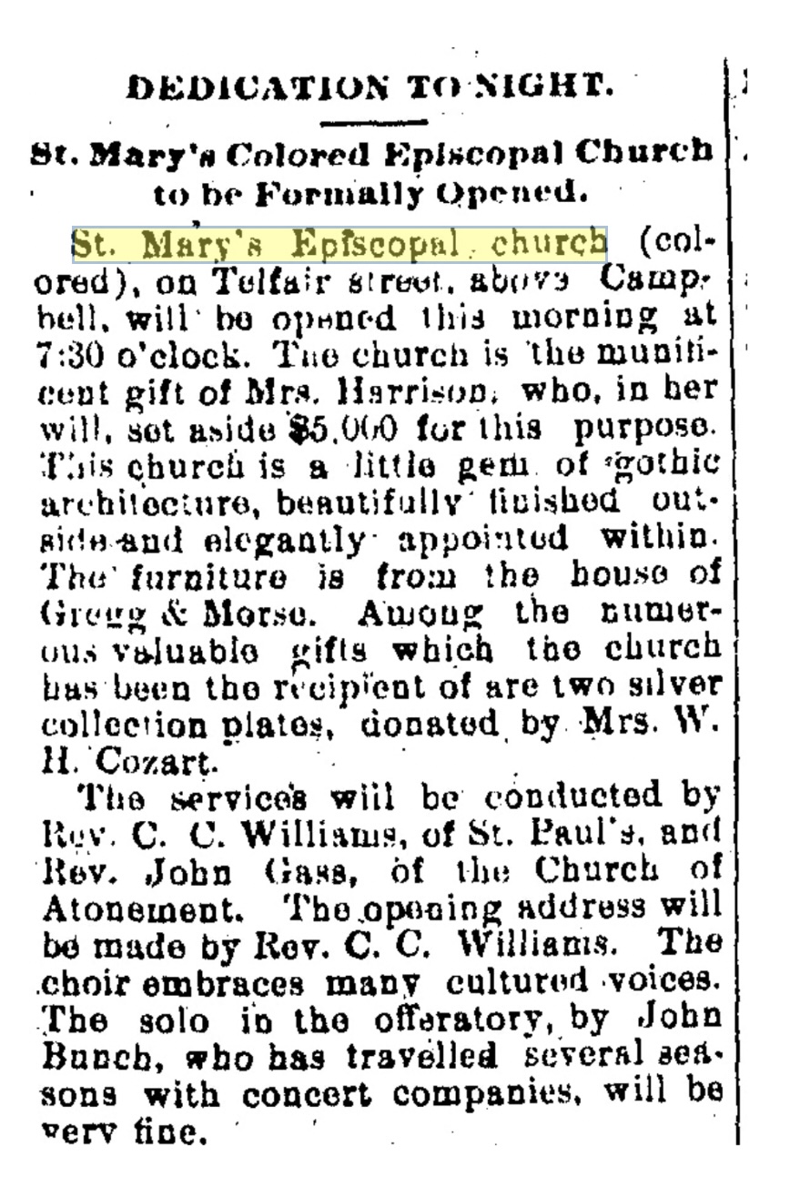 Newspaper clipping announcing the dedication of St. Mary's Episcopal Church in 1888