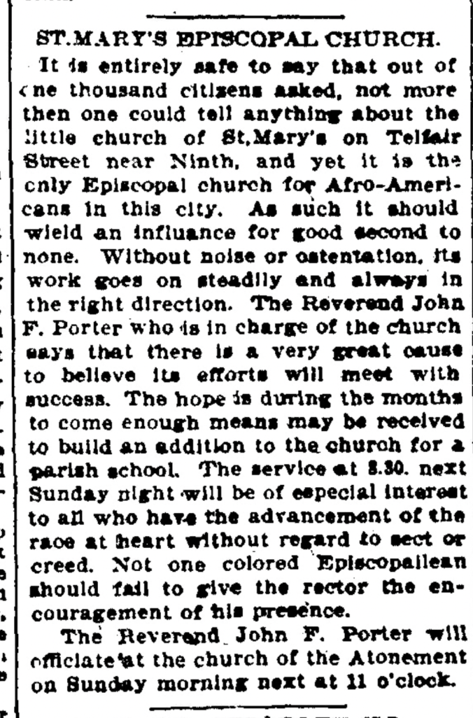 Newspaper clipping describing St. Mary's role as the only Episcopal church for African Americans in Augusta, 1898