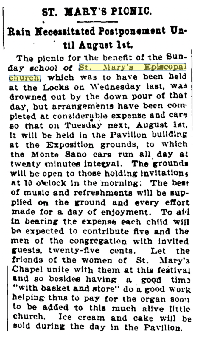 Newspaper clipping about St. Mary's Sunday school picnic and organ fundraising, 1899