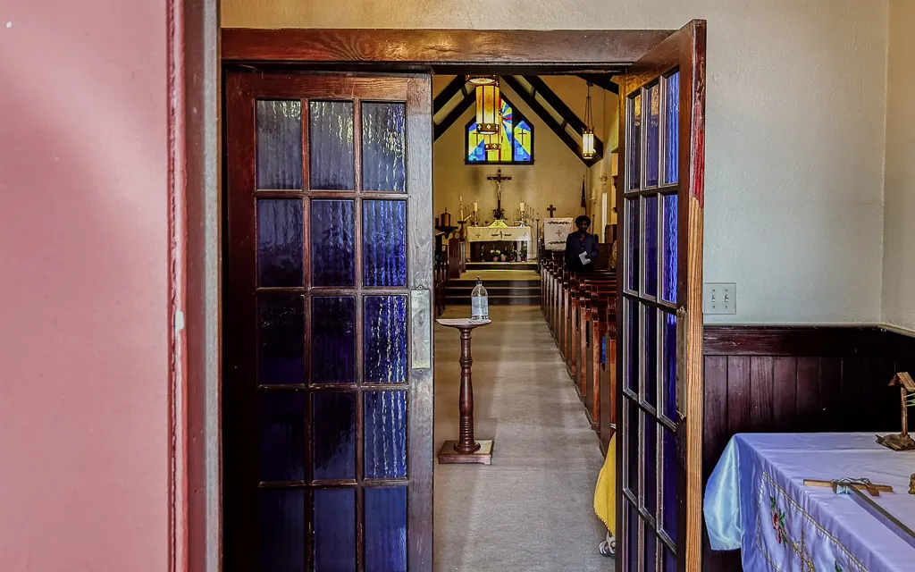 Open doors leading into the sanctuary of St. Mary the Virgin Episcopal Church in Augusta